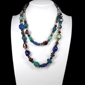 Vintage Chico's Necklace Two Row Blue Green Copper Color Stones Beads Sparkly
